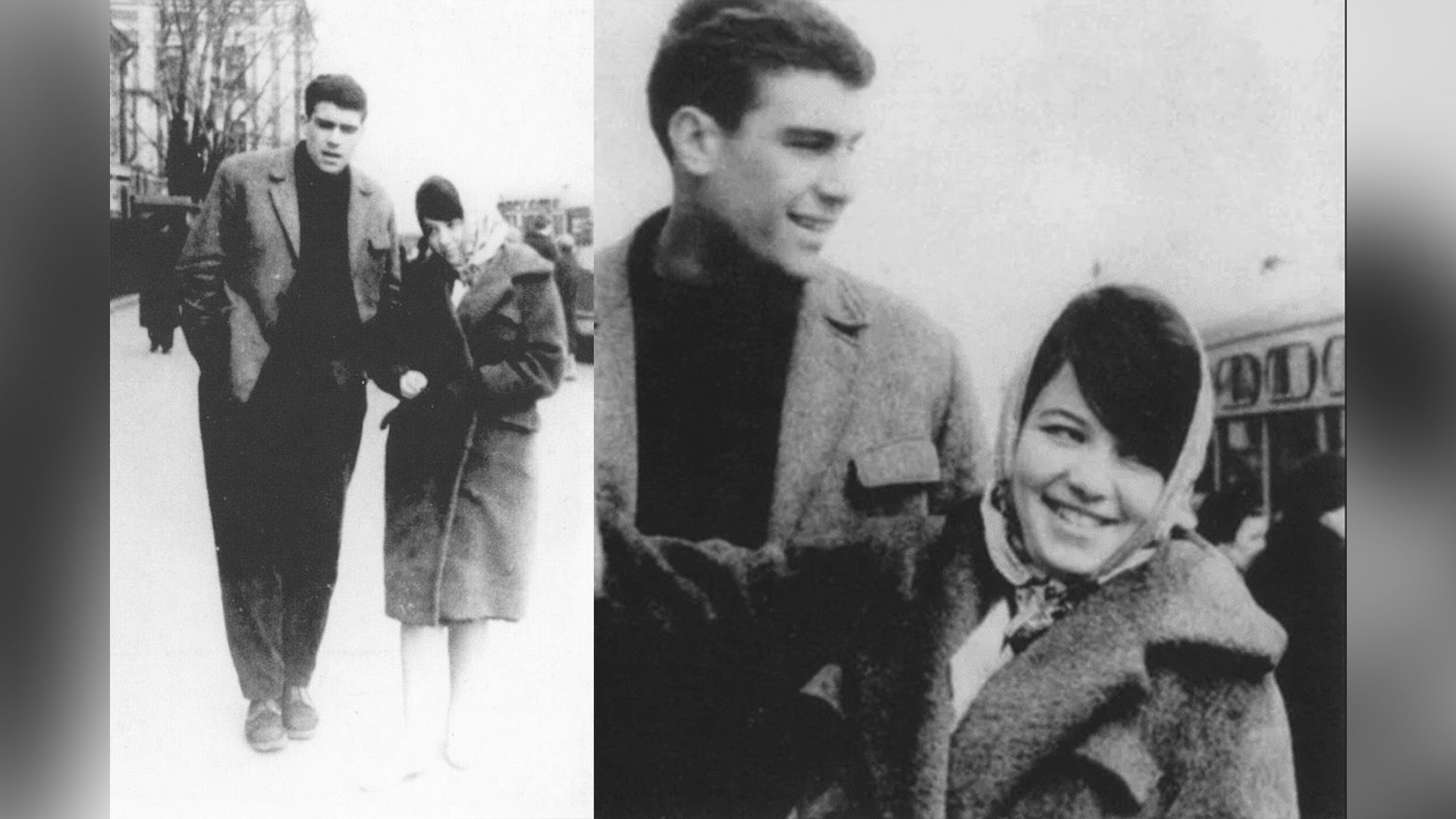 Сергей Довлатов в пиджаке и Ася Пекуровская в пальто и платке стоят на улице