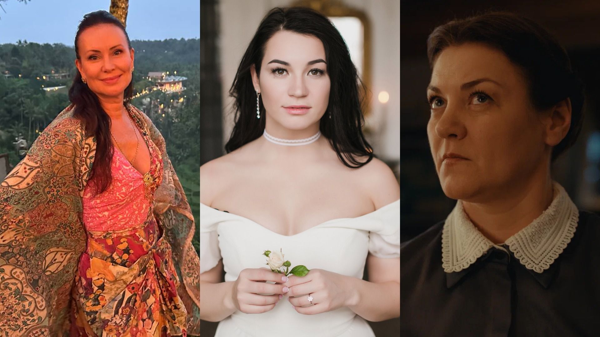 Девушка в платье с цветами, девушка в белом платье и женщина в серой рубашке