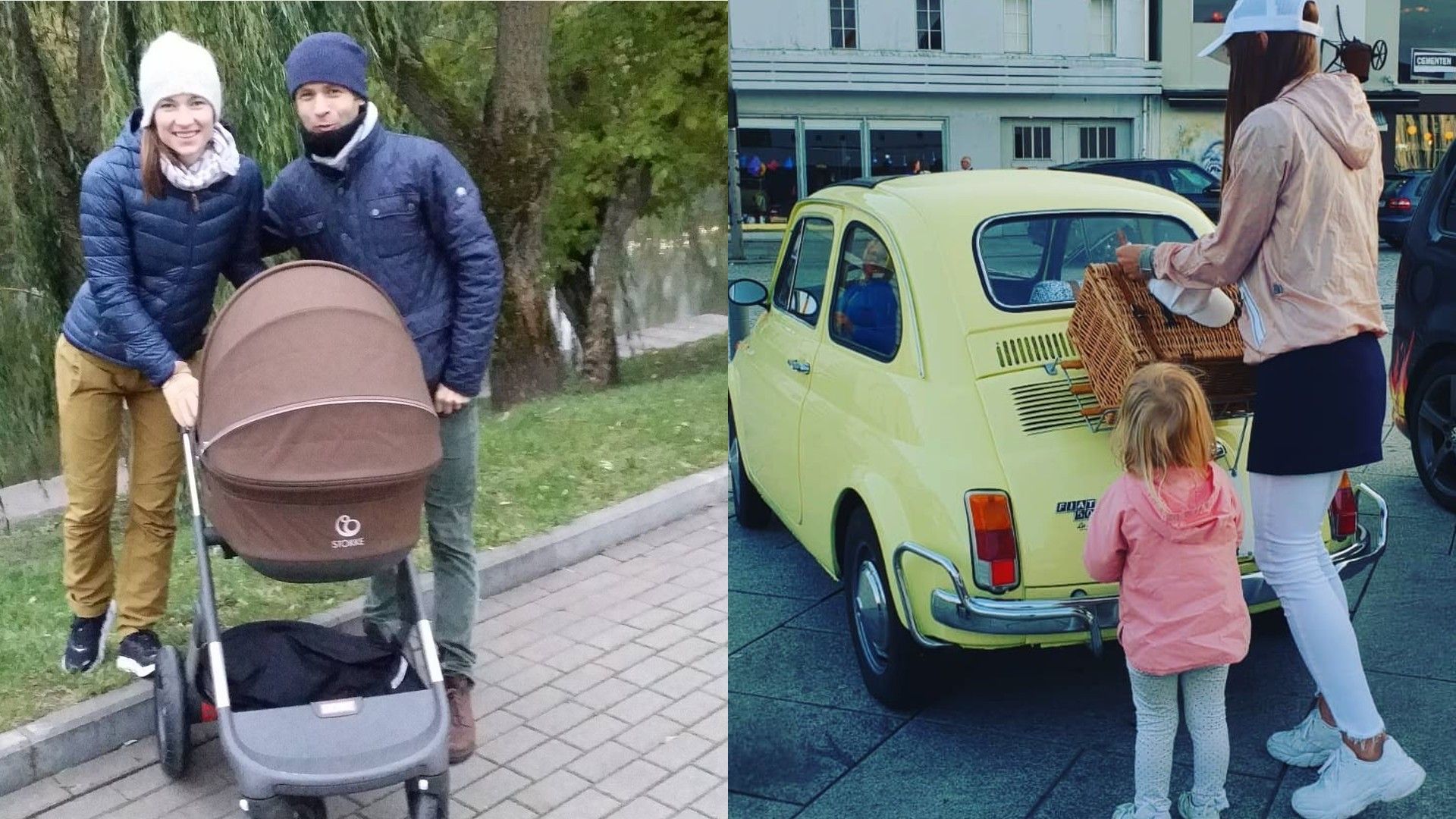 Слева Бьорнадел и Домрачева с коляской, справа Домрачева и их дочь Ксения стоят у автомобиля