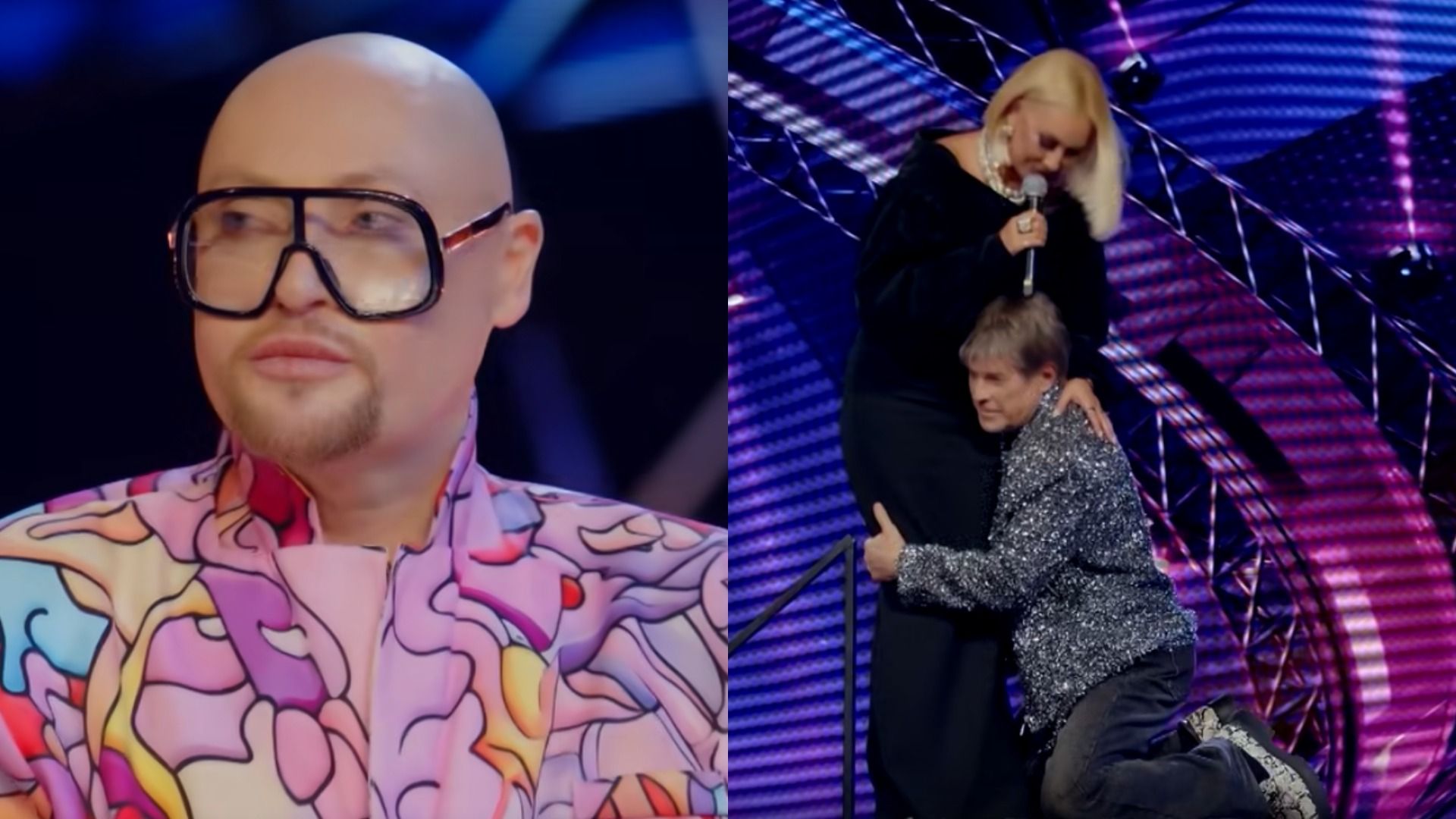 Лысый мужчина в розовом пиджаке, мужчина сидит на коленях перед женщиной