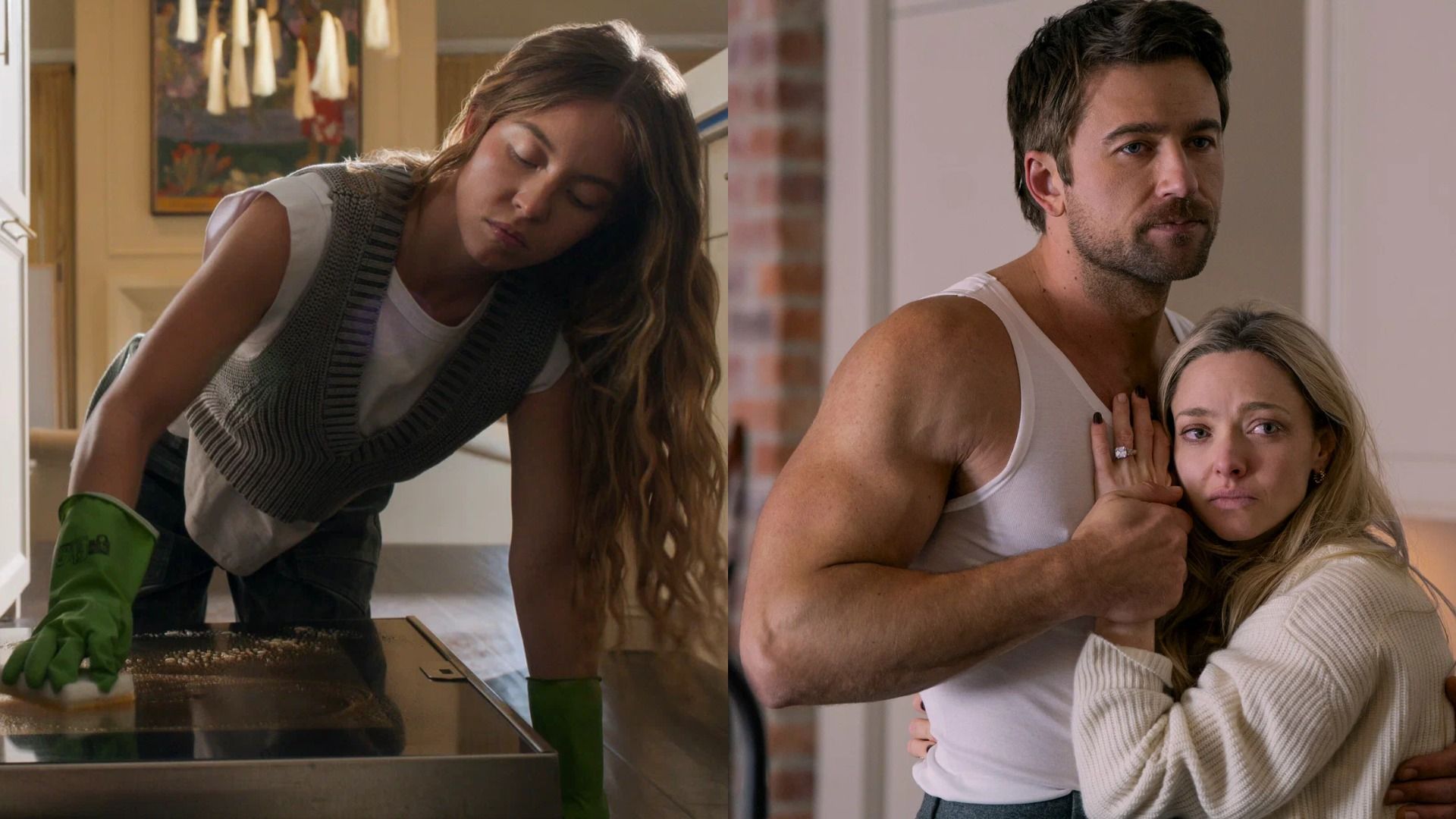 Девушка моет духовку, девушка обнимает мужчину и плачет