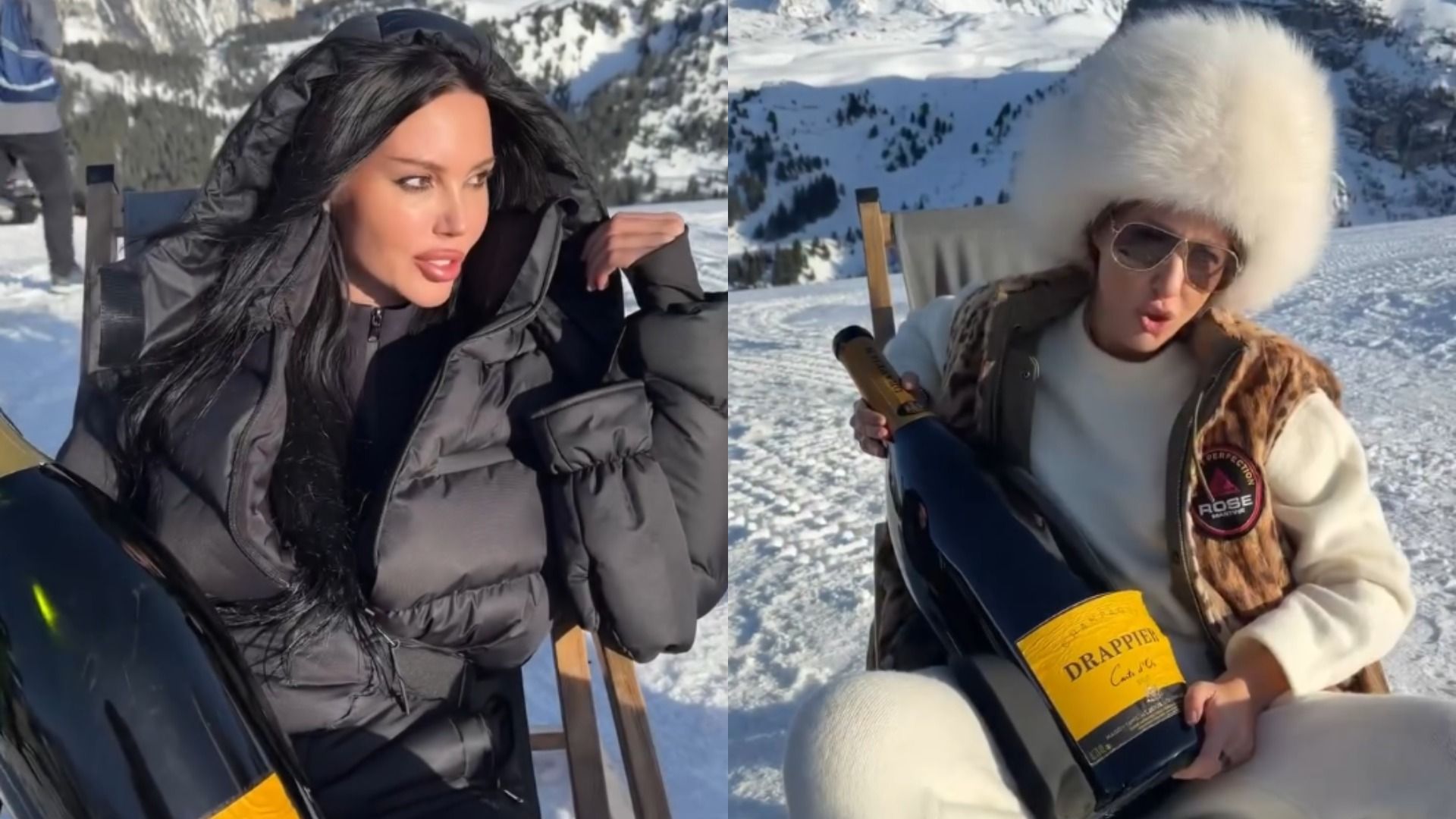 Девушка в черной одежде и девушка в белой одежде сидят на фоне снега