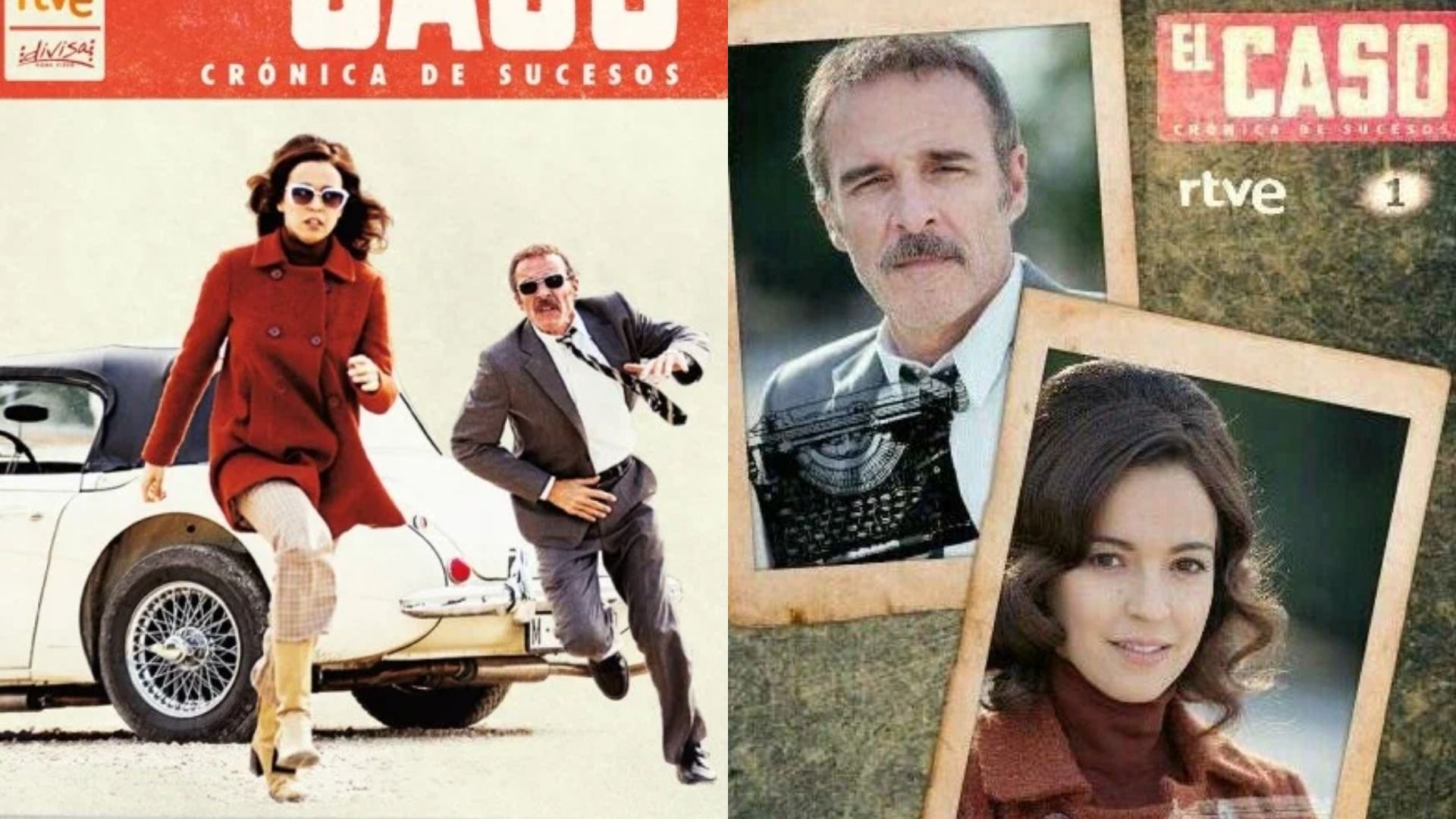 Мужчина и девушка в старых костюмах бегут по дороге на фоне машины