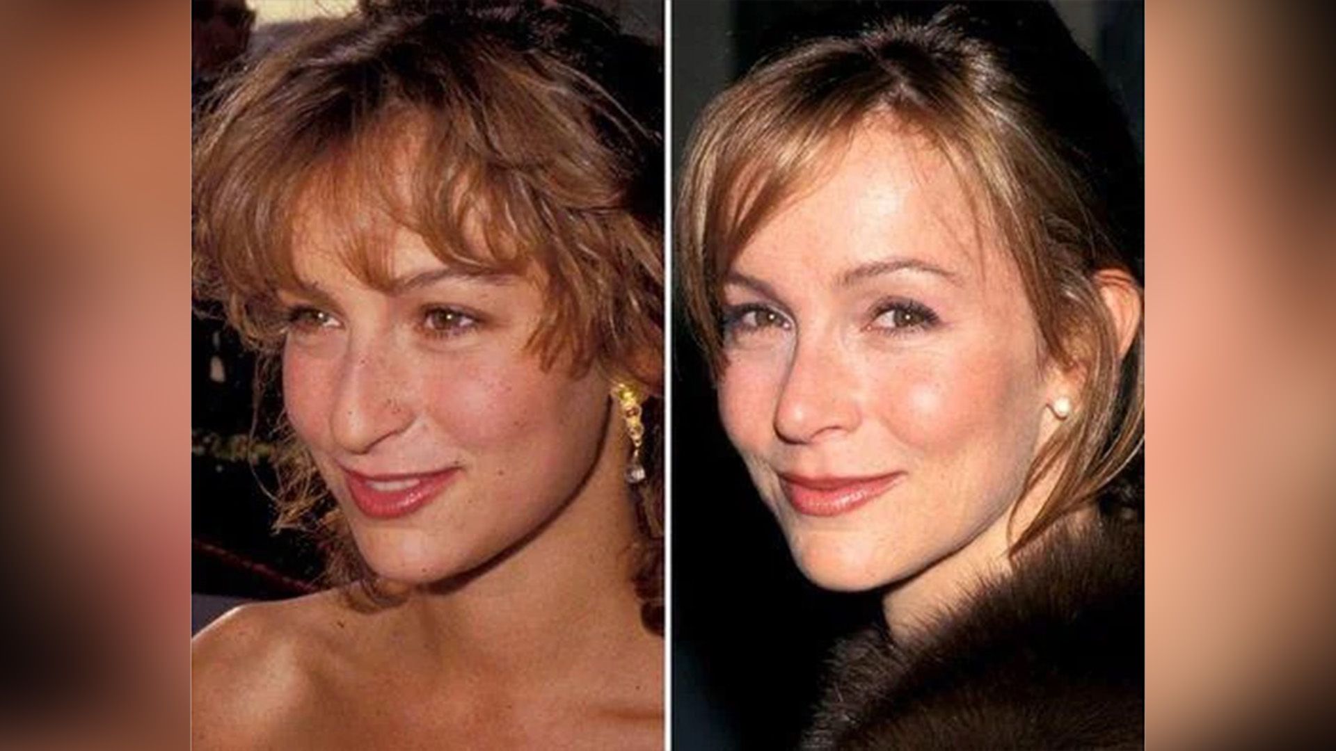 Коллаж из двух портретов Дженнифер Грей: до и после ринопластики