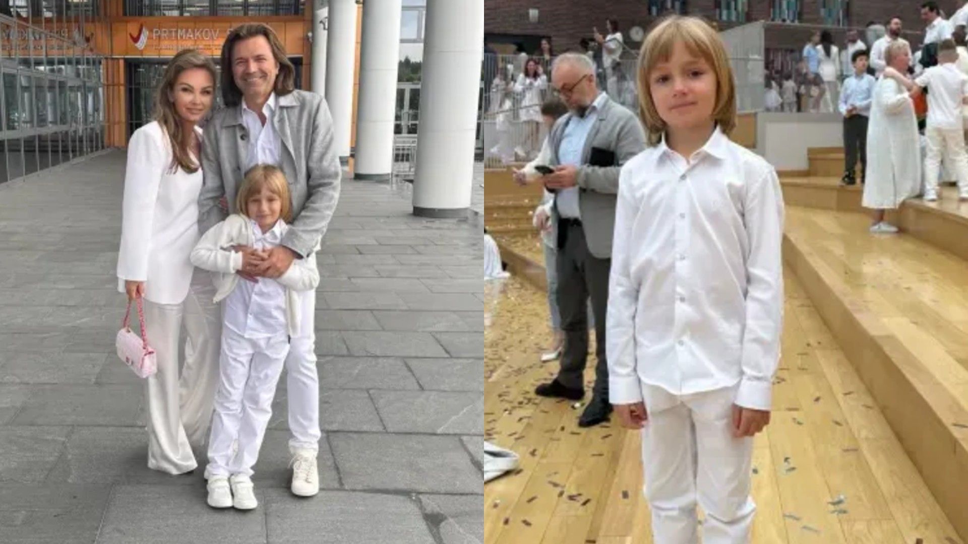 Дмитрий Маликов с женой и сыном позируют в полный рост, справа Марк отдельно