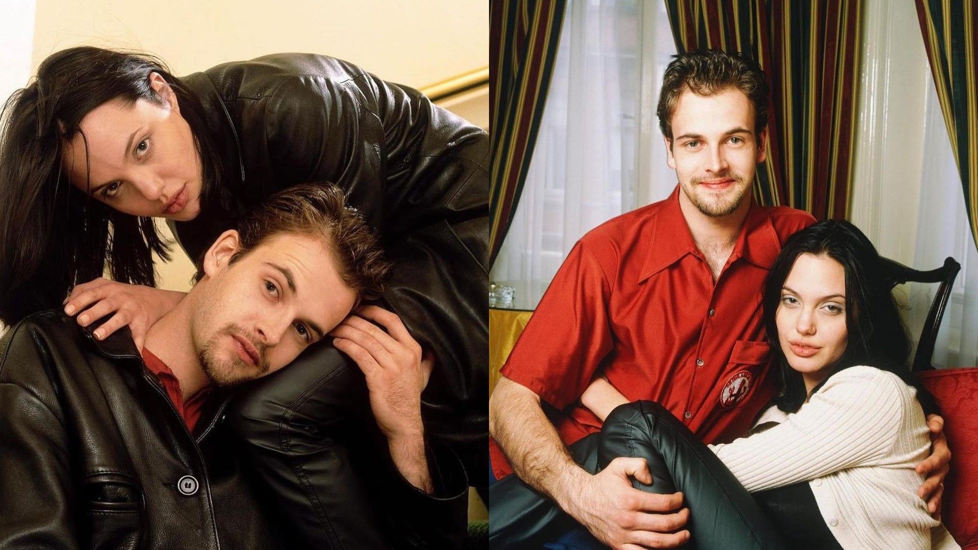 Молодые Анджелина Джоли и Джонни Ли Миллер обнимаются, коллаж из двух фото