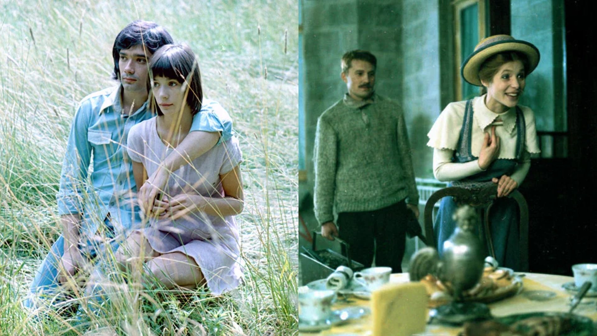 Актриса Вера Глаголева в розовом платье сидит в траве и обнимает парня