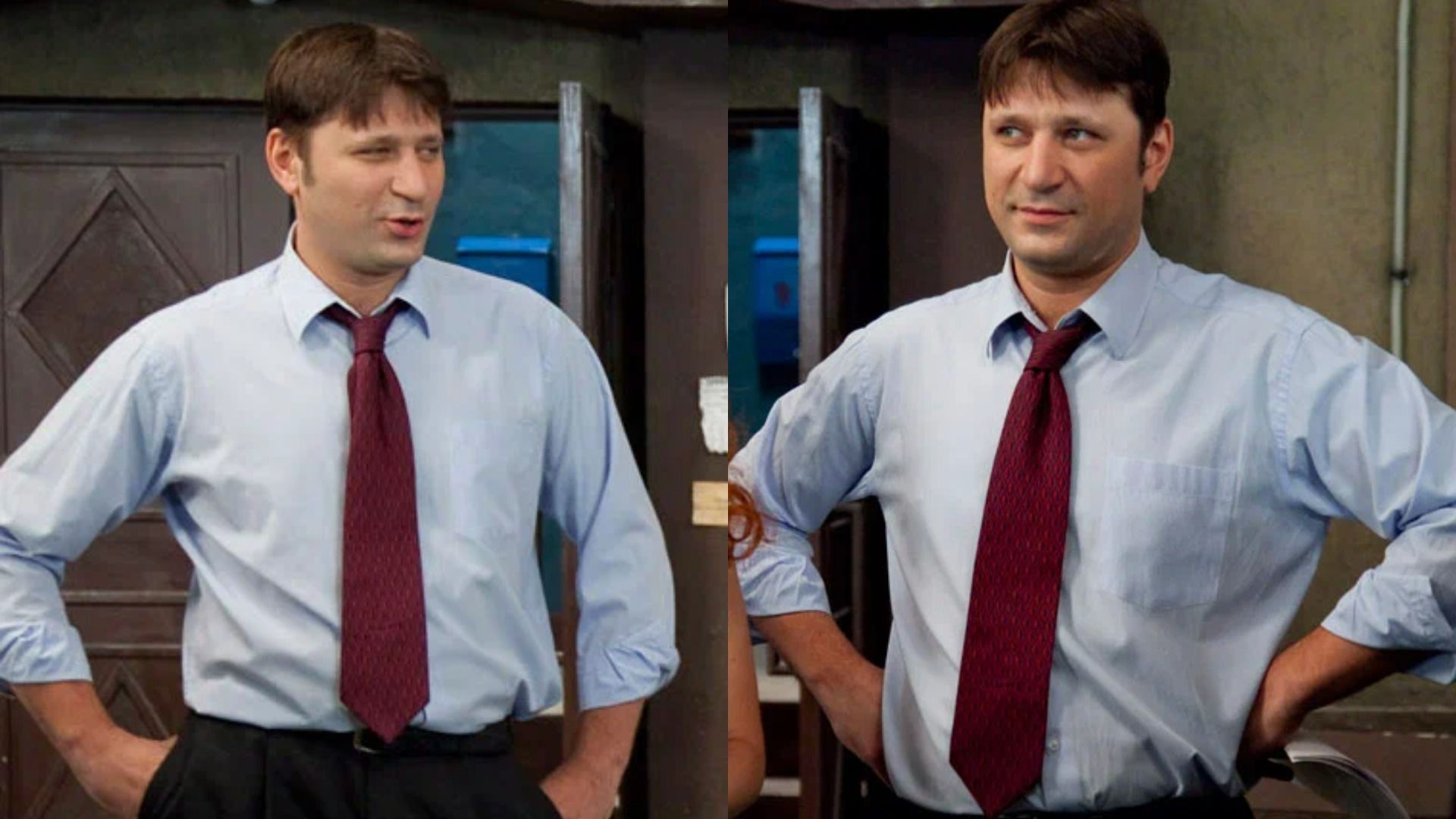 Актер Виктор Логинов в голубой рубашке на кадрах из сериала "Счастливы вместе"