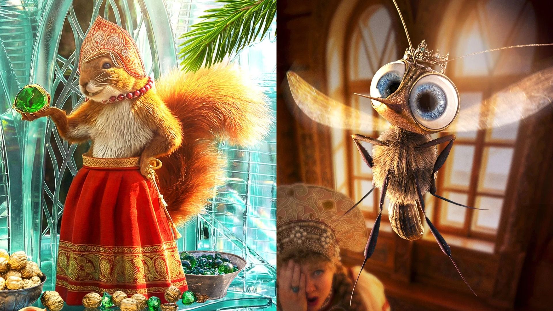 Мультяшные белка и комар на постерах фильма "Сказка о царе Салтане"