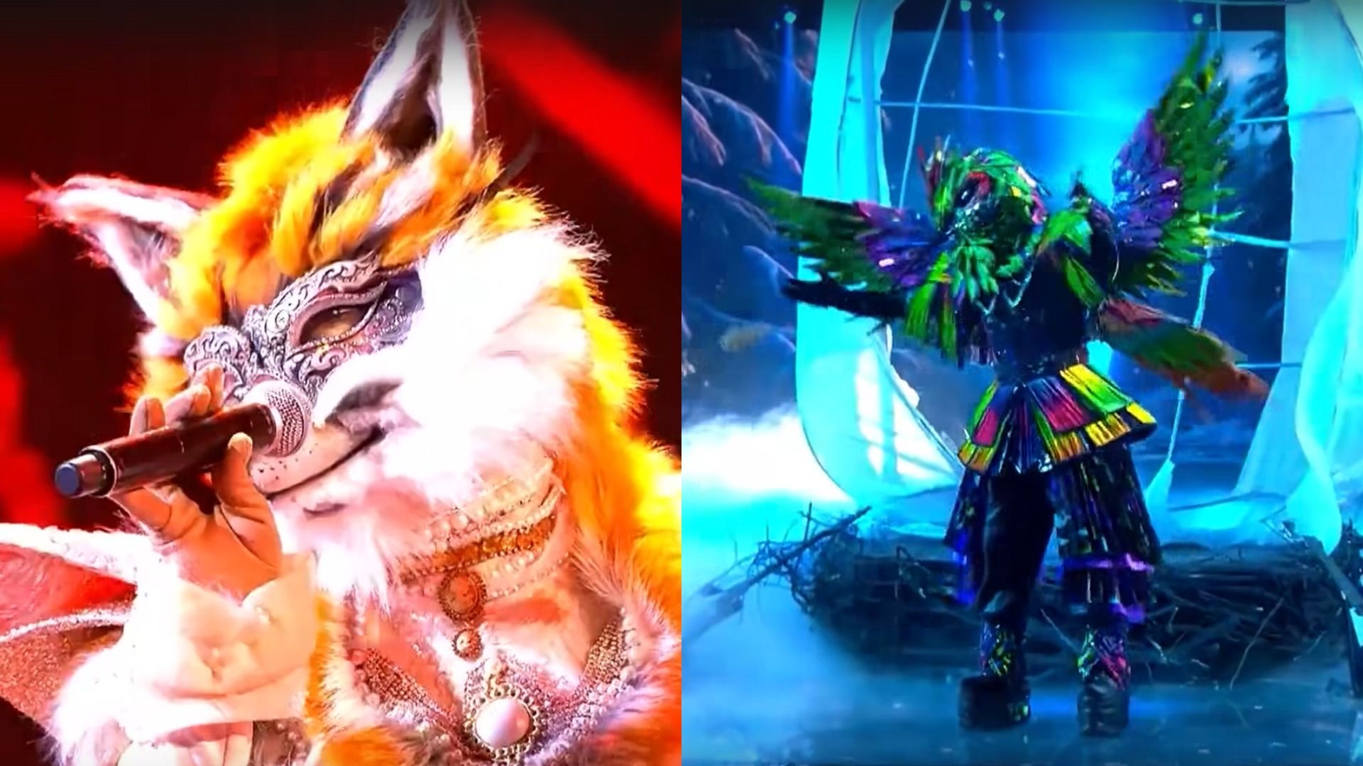 Участники седьмого сезона шоу "Маска" в костюмах Лисы и Колибри выступают на сцене