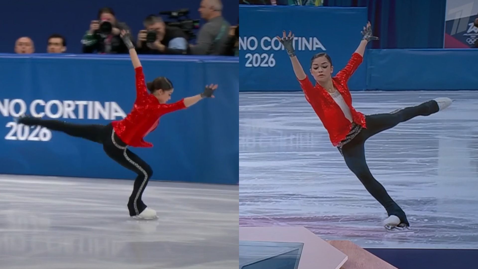Скриншоты с выступления фигуристки Аделии Петросян с короткой программой на Олимпиаде-2026