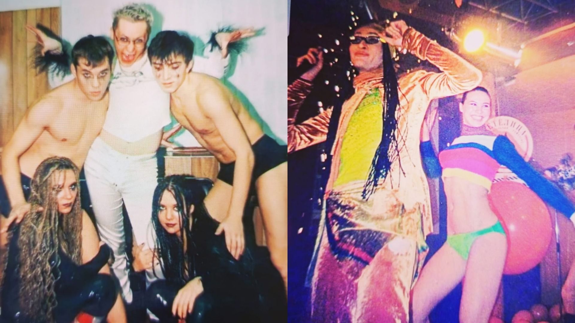 Певец Шура в молодости в блестящих костюмах стоит в окружении людей