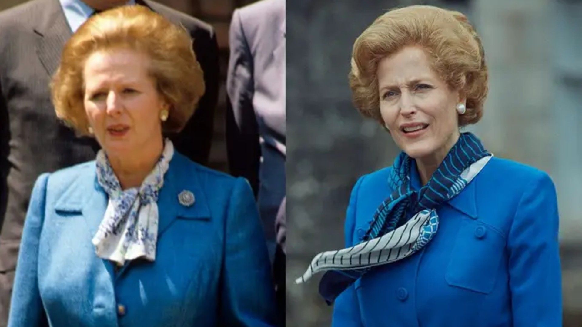 Настоящая Маргарет Тэтчер и Джиллиан Анджерсон в ее образе в сериале "Корона"