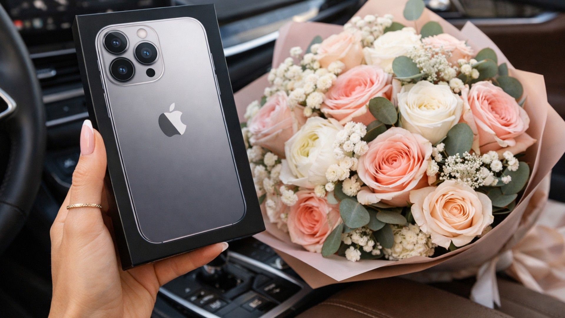 Фото с атрибутами роскоши - айфоном, букетами, дорогими автомобилями