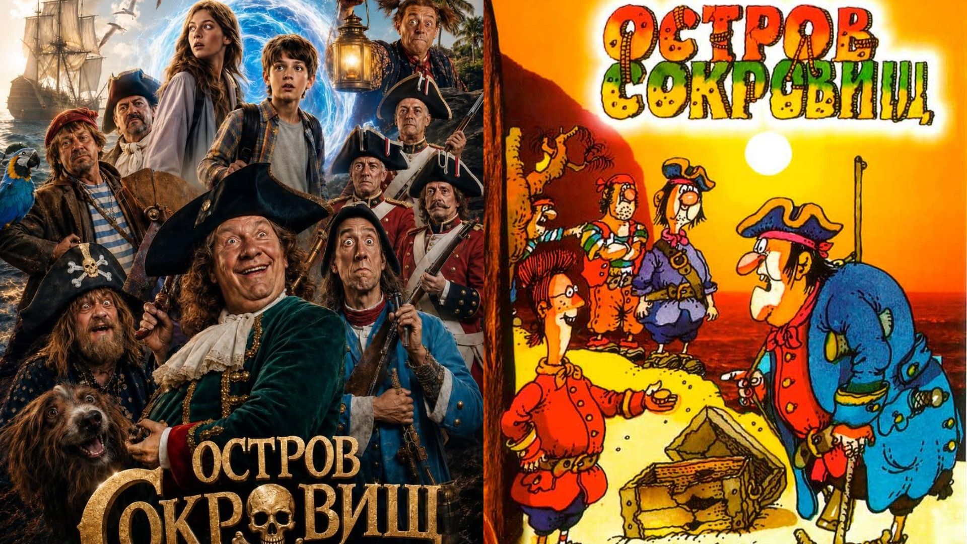Постер фильма "Остров сокровищ" (2029) и постер мультфильма "Остров сокровищ" (1988)