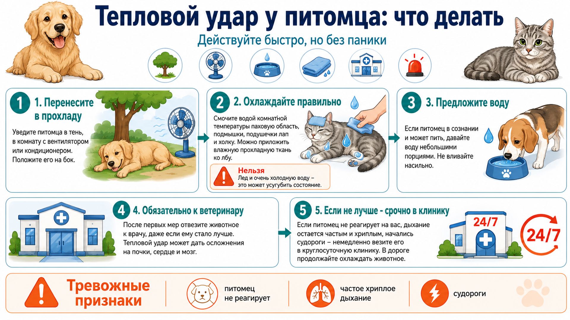 Первая помощью кошке или собаке при тепловом ударе памятка