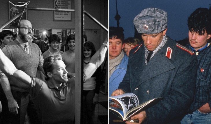 Арнольд Шварценеггер на съемках «Красной жары» (1988). Слева: с кумиром, атлетом Юрием Власовым
